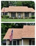 A split photo of two different houses with american flags.